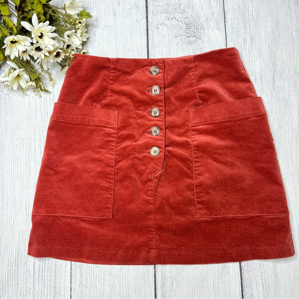 Forever 21 Rust Orange Velvet Button Up Skirt With Side Pockets Size S